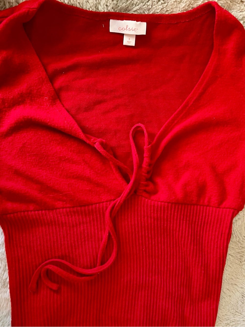 Colsie Bold Red Ribbed Knit Top with V-Neck